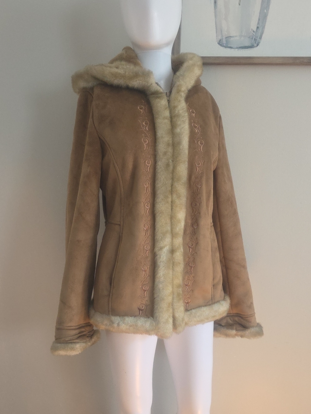 Croft & Barrow Faux Suede Hooded Jacket Tan Faux Fur Trim Embroidered Coat Size